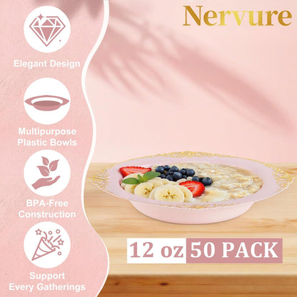 Nervure 50 Pack White Plastic Bowls with Gold Rim - 12oz Disposable Soup Bowls - Heavy Duty Dessert Bowl, Salad Bowl Perfect for Weddings, Parties, Mothers Day