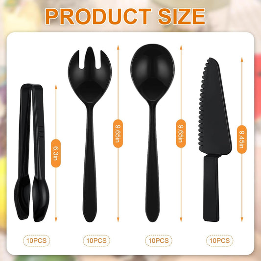 40 Set Disposable Plastic Serving Utensils Include10 Pcs 6.3" Serving Tongs 10 Spoons 10 Forks 10 Knives for Buffets Food Home Weddings Family Gathering Birthday Party Supplies(Black)