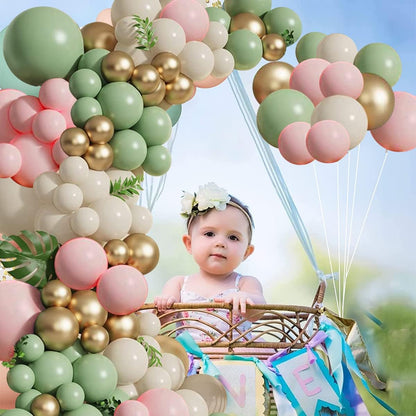 Sage Green Pink Balloons Garland Kit,133pcs Olive Green Blush Pink Sand White Metallic Gold Balloons for Bridal Shower Wedding Birthday Jungle Safari Woodland Party Decorations…