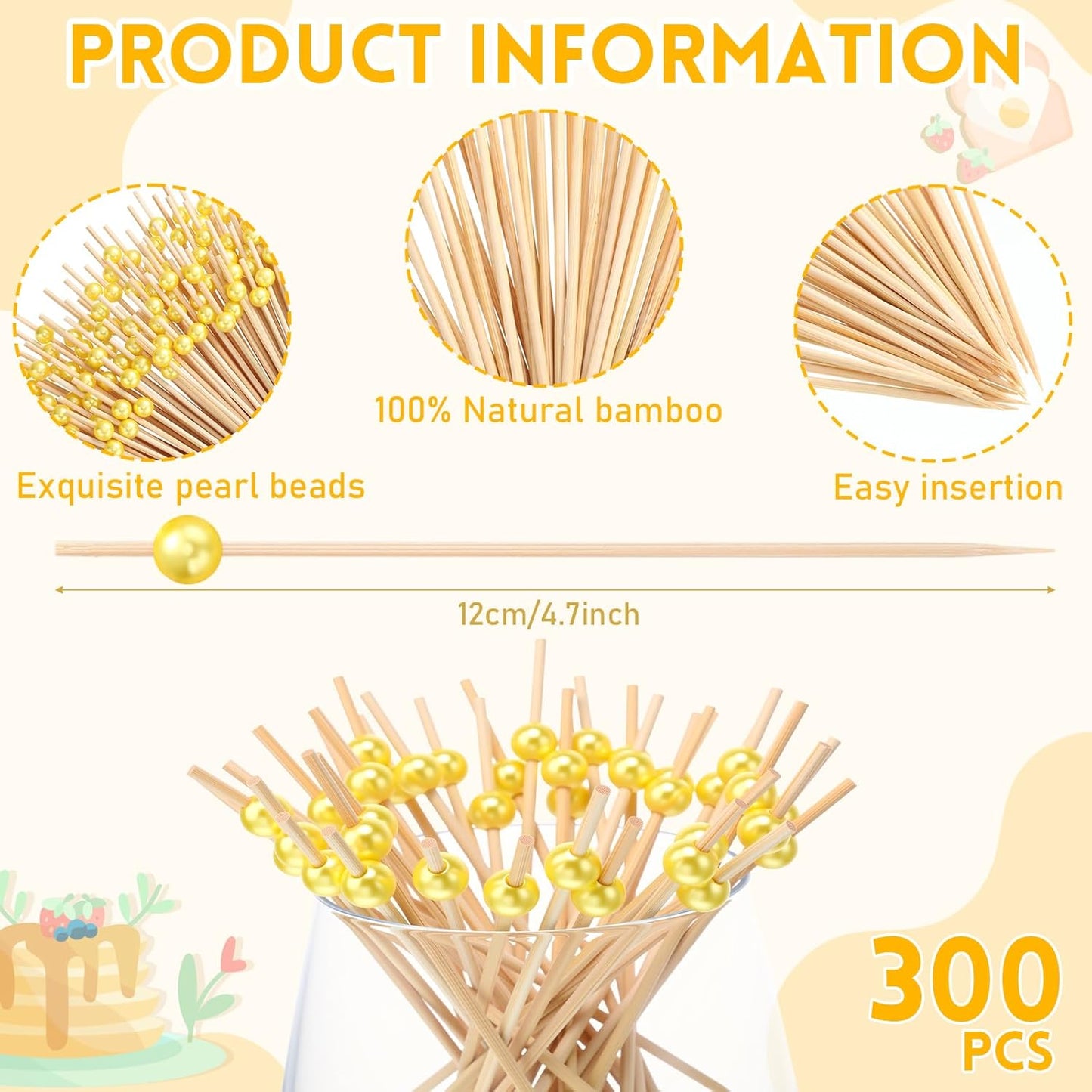 Reallnaive 600 Pcs Cocktail Pick Pearl Fancy Toothpick for Appetizer 4.7 Inch Long Skewer for Drink Fruit Food Bamboo Stick Wedding Bridal Shower Decoration Charcuterie Accessories (White)