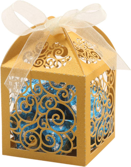 KPOSIYA 100 Pack Wedding Favor Boxes Laser Cut Boxes Party Favor Box Small Gift Boxes Lace Candy Boxes for Wedding Bridal Shower Baby Shower Birthday Party Anniverary with Ribbons (Pink, 100)