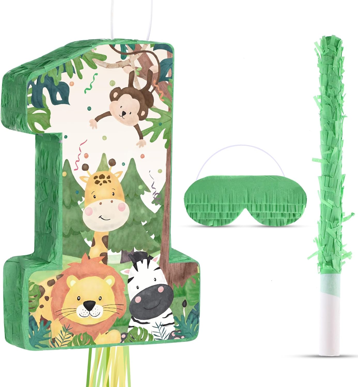 Wild One Piñata Number 1 Pull String Mini Piñata with Blindfold Bat Confetti Wild One 1st Birthday Party Decorations Safari Jungle Party Supplies 16.1 x 10.9 x 2.76 Inch
