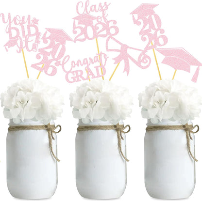 Graduation Centerpiece Sticks 24PCS Glitter Grad Picks Party Table Decor Senior High School College Sign Gold