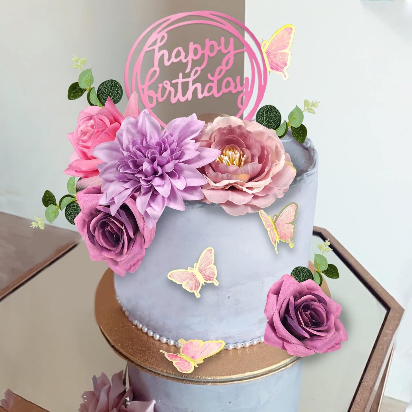 20 PCS Flower Cake Toppers Butterfly Cake Decorations Happy Birthday Cake Toppers with Pink Purple Flowers Eucalyptus Butterflies for Birthday Party Wedding Baby Shower Supplies (Pink Purple)