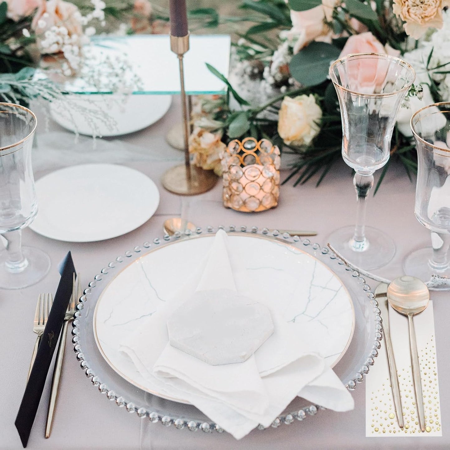 Stylish Gold Dinner Napkins, 100 White and Gold Napkins, Disposable Party Napkins, 7.5x4.25 Inch Wedding Napkins for Reception, 3-Ply Dinner Napkins, Disposable Napkins for Party, Gold Paper Napkins