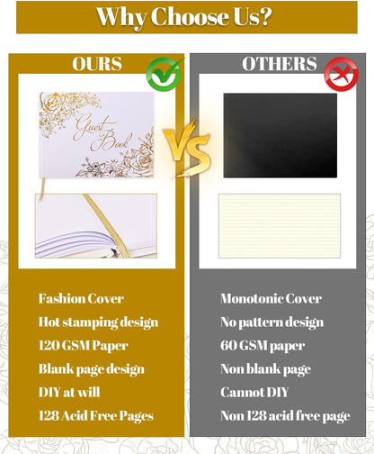 VIRIDI Wedding Guest Book with a Pen Gold,Guest Book Wedding Reception 9 × 6.7 inches, Gold Foil Hardcover GuestBook for Baby Shower, Graduation, Birthdays