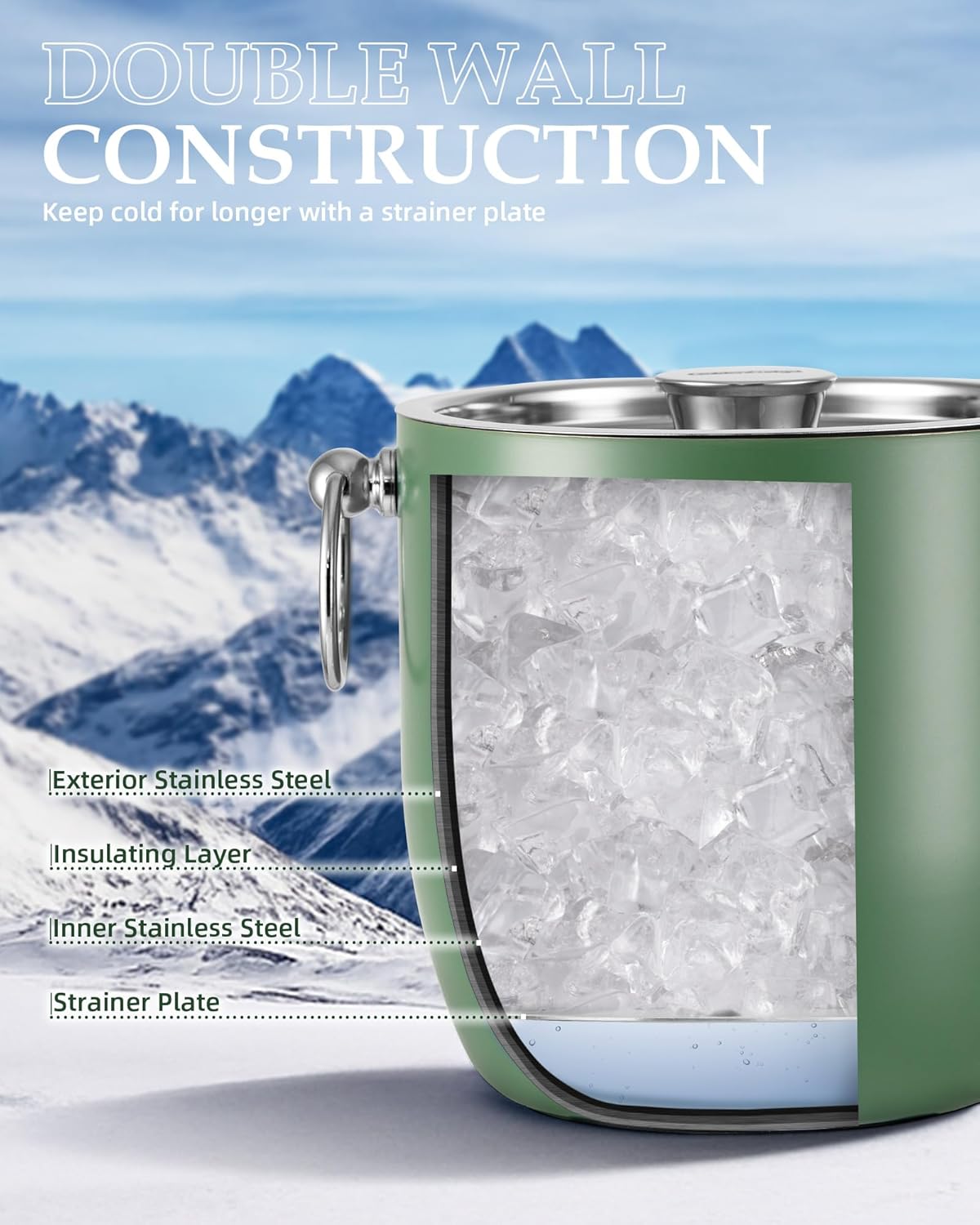 Insulated Ice Bucket, 3L Double Wall Stainless Steel Ice Bucket with Tongs,Lid, Scoop and Strainer, Ice Buckets for Parties,Cocktail Bars, Chilling Beer, Champagne, Wine Bottles,Wood