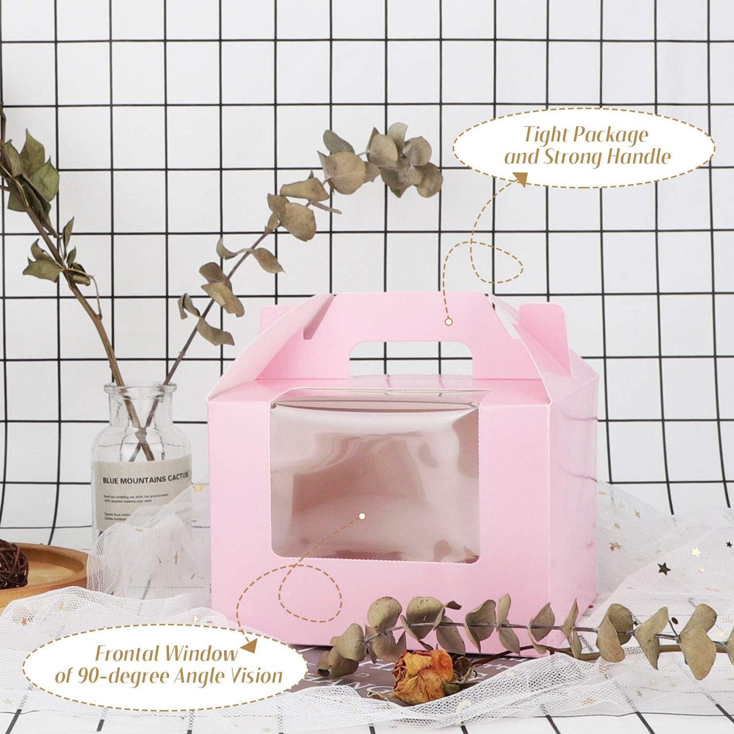 EUSOAR Gold Cupcake Boxes, 25pcs 3.6"x 3.6"x 4.3" Single Cupcake Carrier with Window Insert and Handle, Kraft Pastry Containers, Muffins Cupcake Carriers for Bakery Wrapping Party Favor Packing