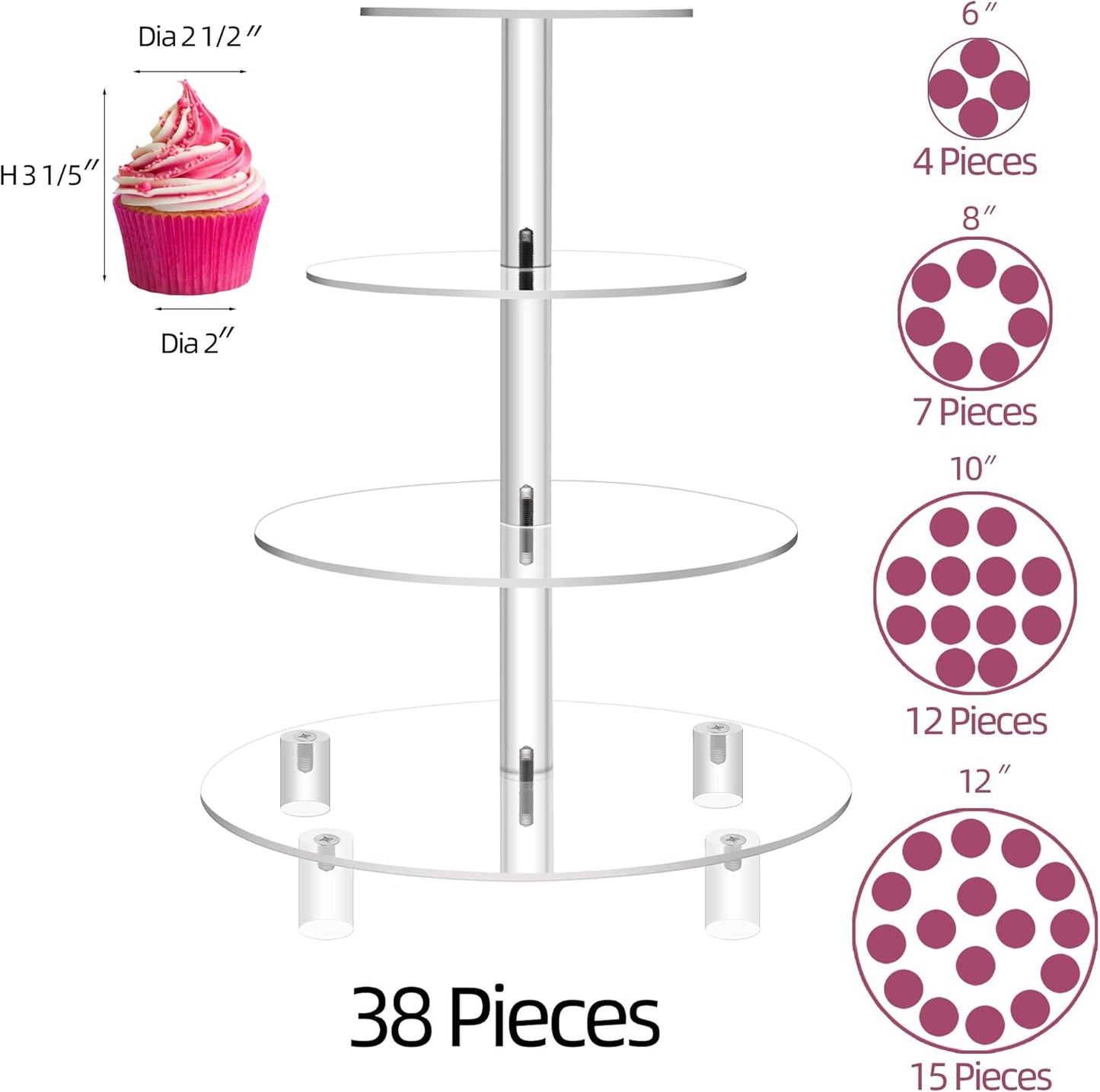 Jusalpha Large 4 Tier Cupcake Stand,Acrylic Round Cake Stand Dessert Tower Tea Party Serving Platter, Cupcake Tree Wedding Party Décor, Stand with Rod Feet (4RF)