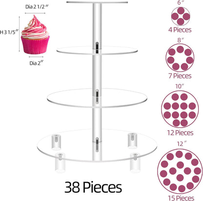 Jusalpha Large 4 Tier Cupcake Stand,Acrylic Round Cake Stand Dessert Tower Tea Party Serving Platter, Cupcake Tree Wedding Party Décor, Stand with Rod Feet (4RF)