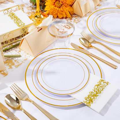 WELLIFE 350-Piece Gold Disposable Plates and Cutlery Set - Premium 10.25" Dinner Plates, 7.5" Dessert Plates, 9oz Cups & Cutlery for Weddings, Catering Events - 50 Guest Service - Elegant & Sturdy