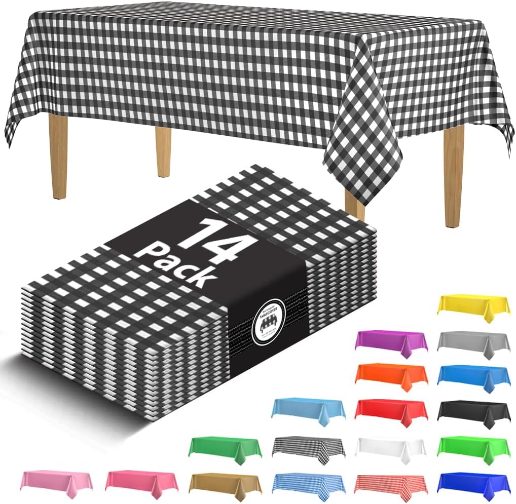 14 Pack Black 54 x 108 in. Rectangle Disposable Plastic Tablecloths - Smooth Decorative Covers for Parties, Weddings
