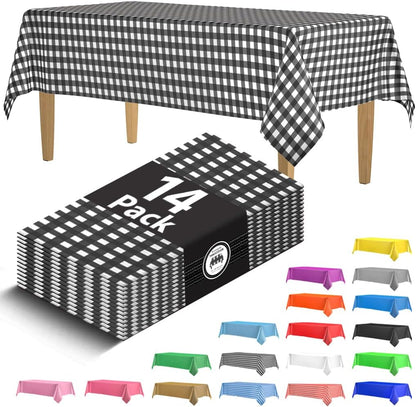 14 Pack Black 54 x 108 in. Rectangle Disposable Plastic Tablecloths - Smooth Decorative Covers for Parties, Weddings
