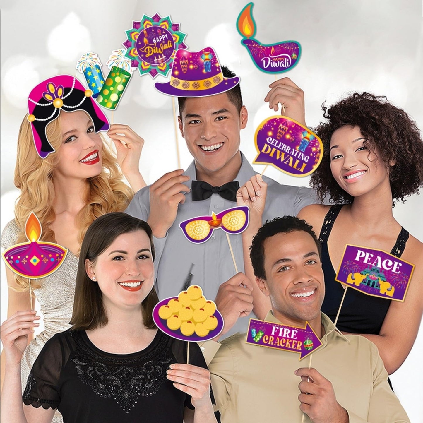 KYMY Happy Diwali Party Photo Booth Props Set, 1pc Deepavali Rangoli Selfie Frame with 20pcs Photo Booth Props, India Festival of Lights Party Favors for Hindu Diwali Themed Decorations Supplies