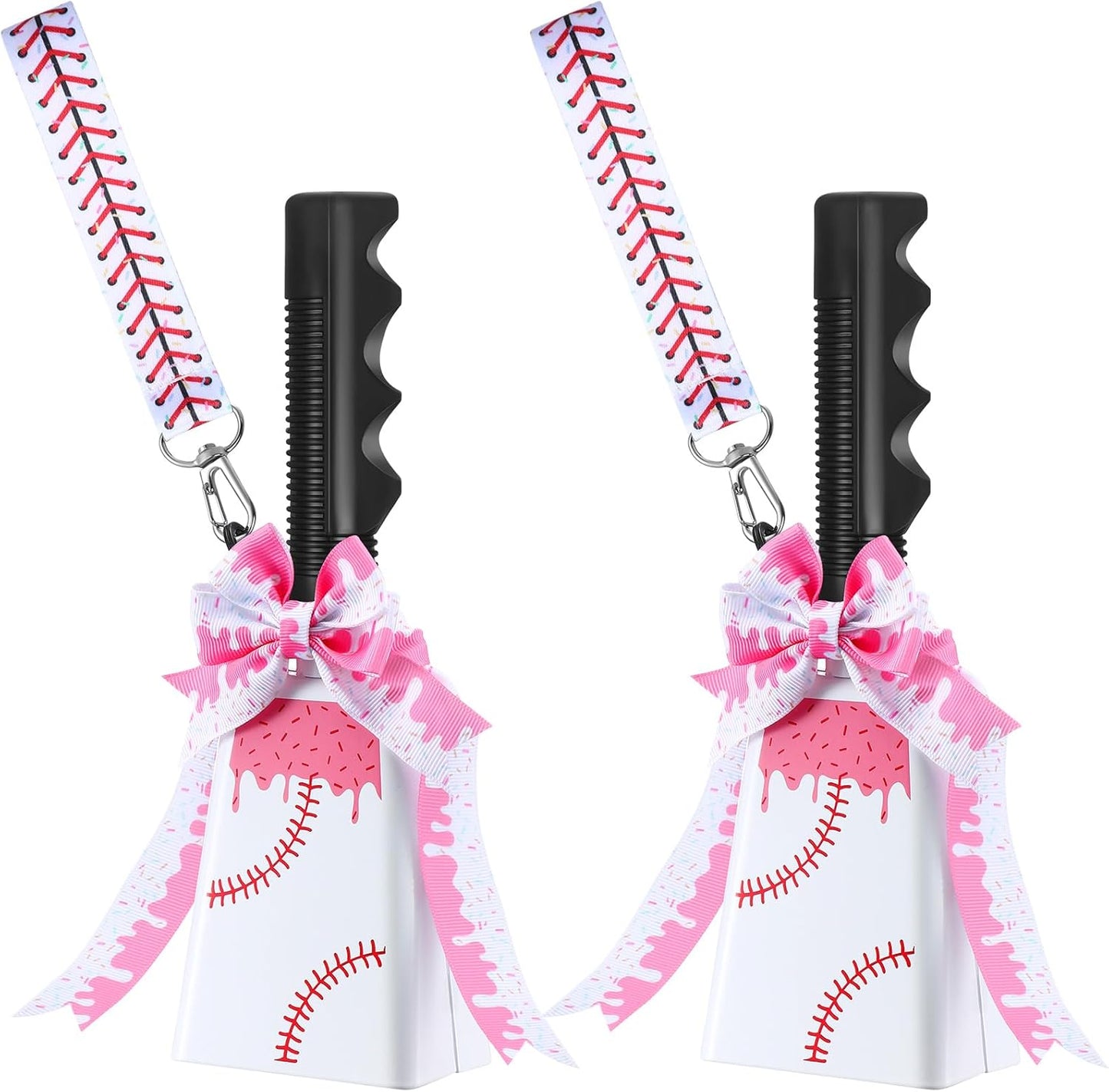 Relaxweex 2 Pack Cow Bells with Handle & Wrist Strap Ribbon Bows Loud Cowbell Noise Makers for Sporting Events, Games, Cheer, Graduations, Team(Baseball)
