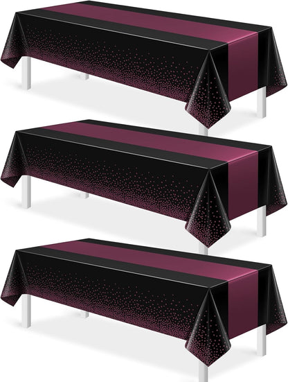 MASHAN 3Pcs Black and Red Tablecloth Party Decorations,Plastic Black Table Cloth Printed Red Table Runner Disposable Rectangle Cover for Birthday Weeding Anniversary Graduation Party,54 x108 Inch