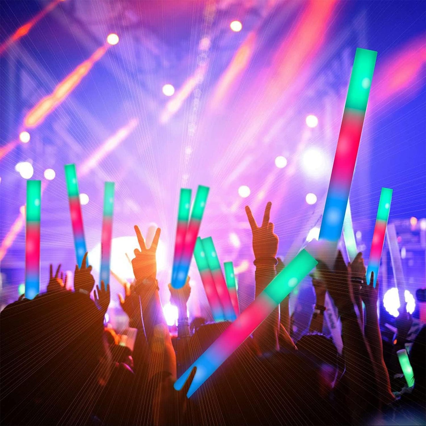SHQDD 100PCS LED Foam Sticks, Foam Light Up Sticks with 3 Modes Colorful Flashing, Glow in Dark Party Supplies, Glow Stick Bulk Party Pack for Wedding, Raves, Concert, Camping, Sporting Events, Pool