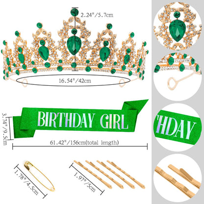 Silver Birthday Crown Headband with Sash for Women - Rhinestone Tiara for Birthday Parties