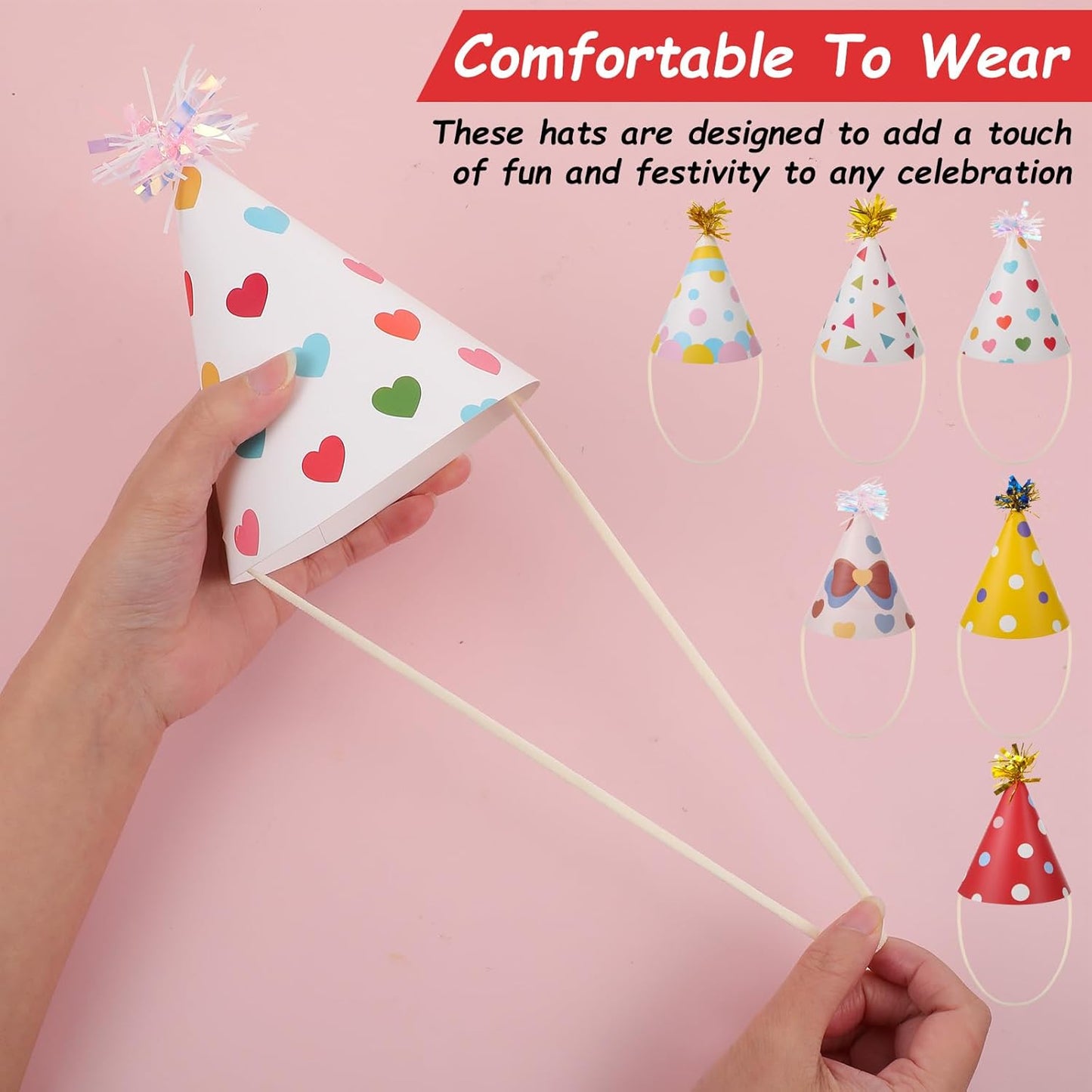 12 PCS Party Hats, Birthday Paper Cone Hat with Glitter Pompoms, Paper Party Headwear for Adults Kids Celebration