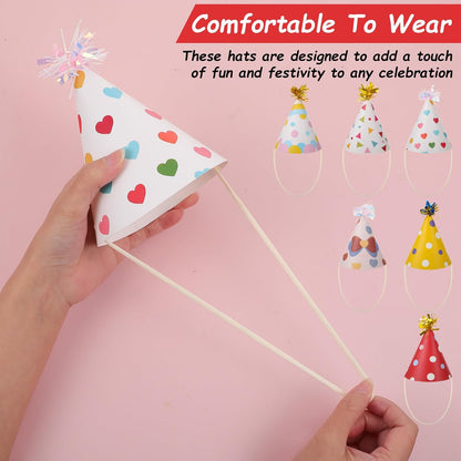 12 PCS Party Hats, Birthday Paper Cone Hat with Glitter Pompoms, Paper Party Headwear for Adults Kids Celebration