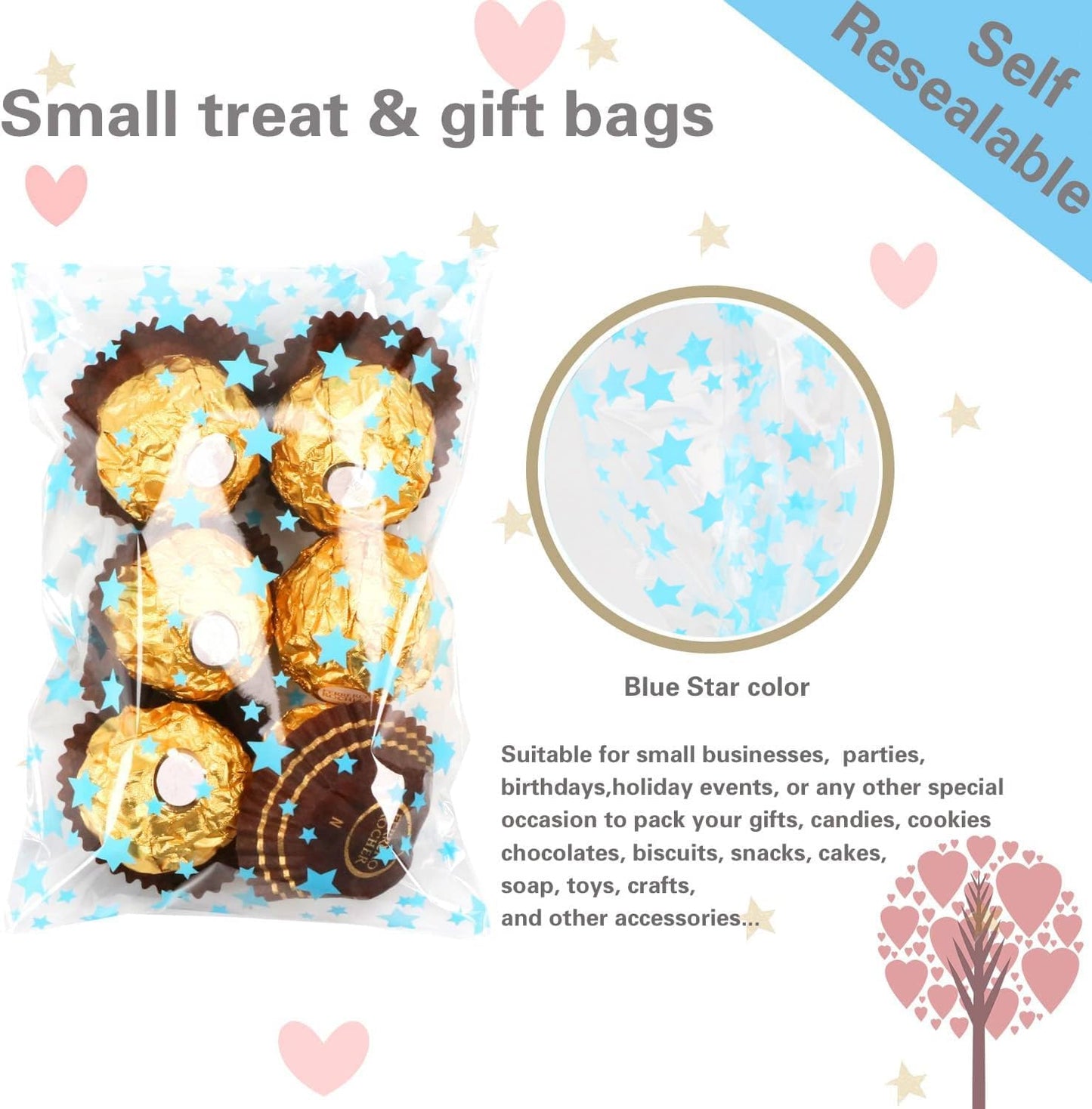100 Pcs Star Printed 5"X 7" Gift Wrap Cello Cellophane Treat Bags Party Favor bags Clear Candy Cookie Bag Plastic Poly Goodie Storage Bag with Twist Ties for Bakery,Birthday, Wedding ,Party Decorations (Gold)