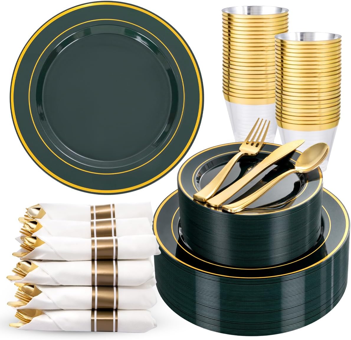 350 Pieces Black and Gold Plastic Plates with Disposable Silverware, Include 50 Dinner Plates 9”, 50 Dessert Plates 6.3”, 50 Black Cups 9 OZ, 50 Pre Rolled Napkins for Wedding Party Graduation
