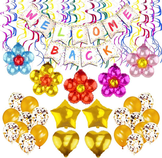 Welcome Back Sign Banner Decoration Kit Including Welcome Back Banner Flower Star Heart Shape Balloons Gold Confetti Glitter Balloons and Hanging Swirls for Home, School, Office Party Decor Supplies