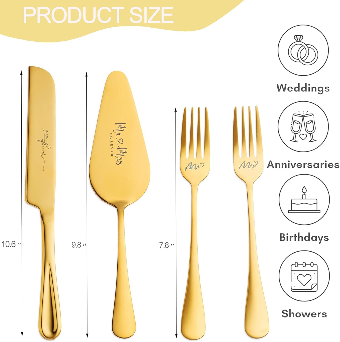 4 Pieces Wedding Cake Knife and Server Set, Stainless Steel Mr and Mrs Cake Cutter and Forks for Wedding, Birthday, Bridal Shower Gifts for Couples (Rose Gold)