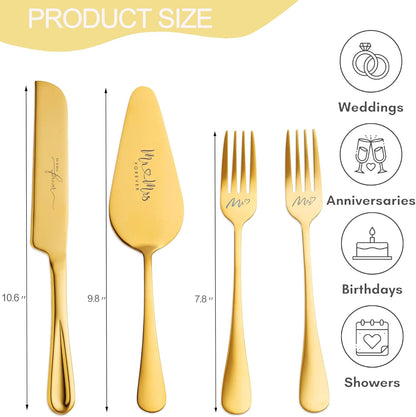 4 Pieces Wedding Cake Knife and Server Set, Stainless Steel Mr and Mrs Cake Cutter and Forks for Wedding, Birthday, Bridal Shower Gifts for Couples (Rose Gold)