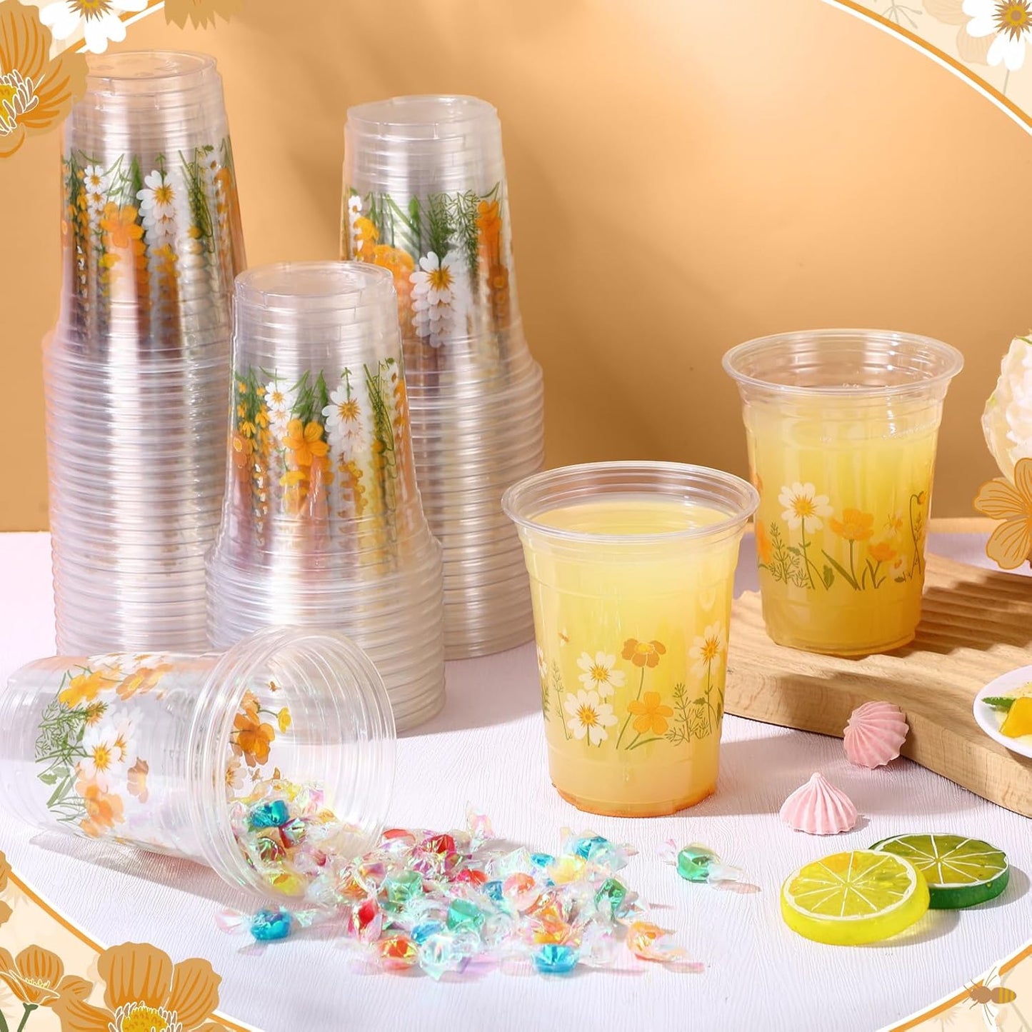 Hushee 60 Pcs Purple Floral Cups with Spring Summer Flower 16 oz Wildflowers Plastic Disposable Drinking Cups for Summer Spring Birthday Baby Shower Wedding Party Supplies