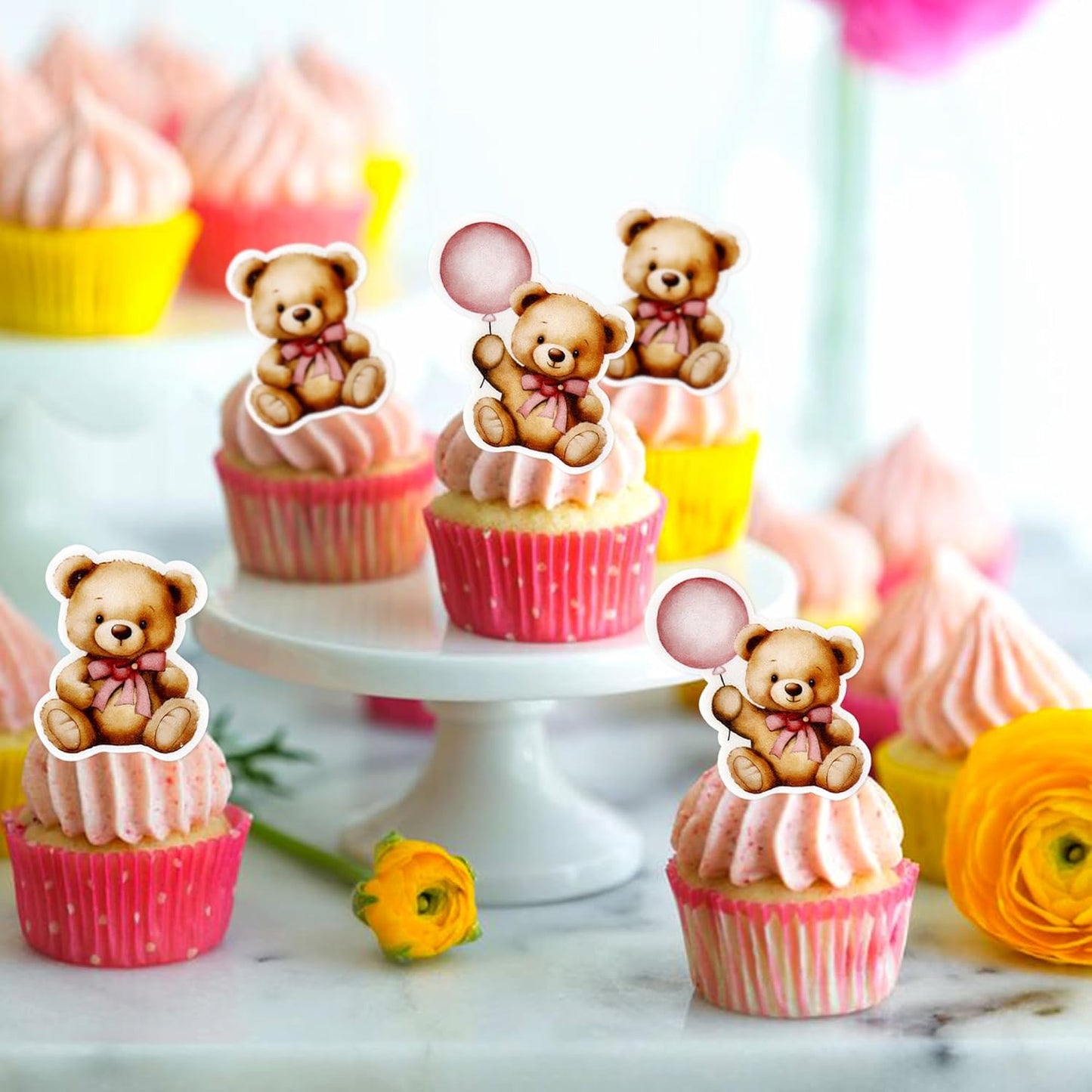 36Pcs Blue Baby Bear Cupcake Toppers Balloon Teddy Bears Cupcake Picks for Blue Baby Shower Gender Reveal Boys Bearly Birthday Cupcake Decorations We Can Bearly Wait Party Decorations Supplies