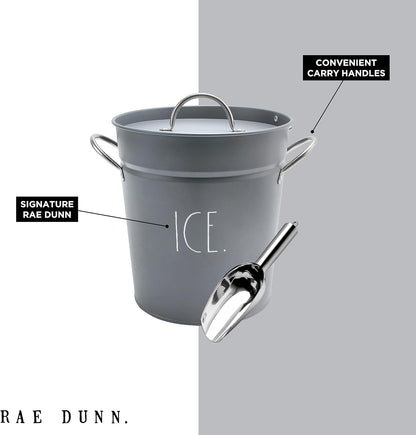 Rae Dunn Ice Bucket with Scoop - Stainless Steel Bucket with Handle, Lid and Ice Scooper - 4 Qt. Storage Bin for Ice Cubes for Bars, Parties, Backyard Barbeques, Picnics, and Camping (Sage)