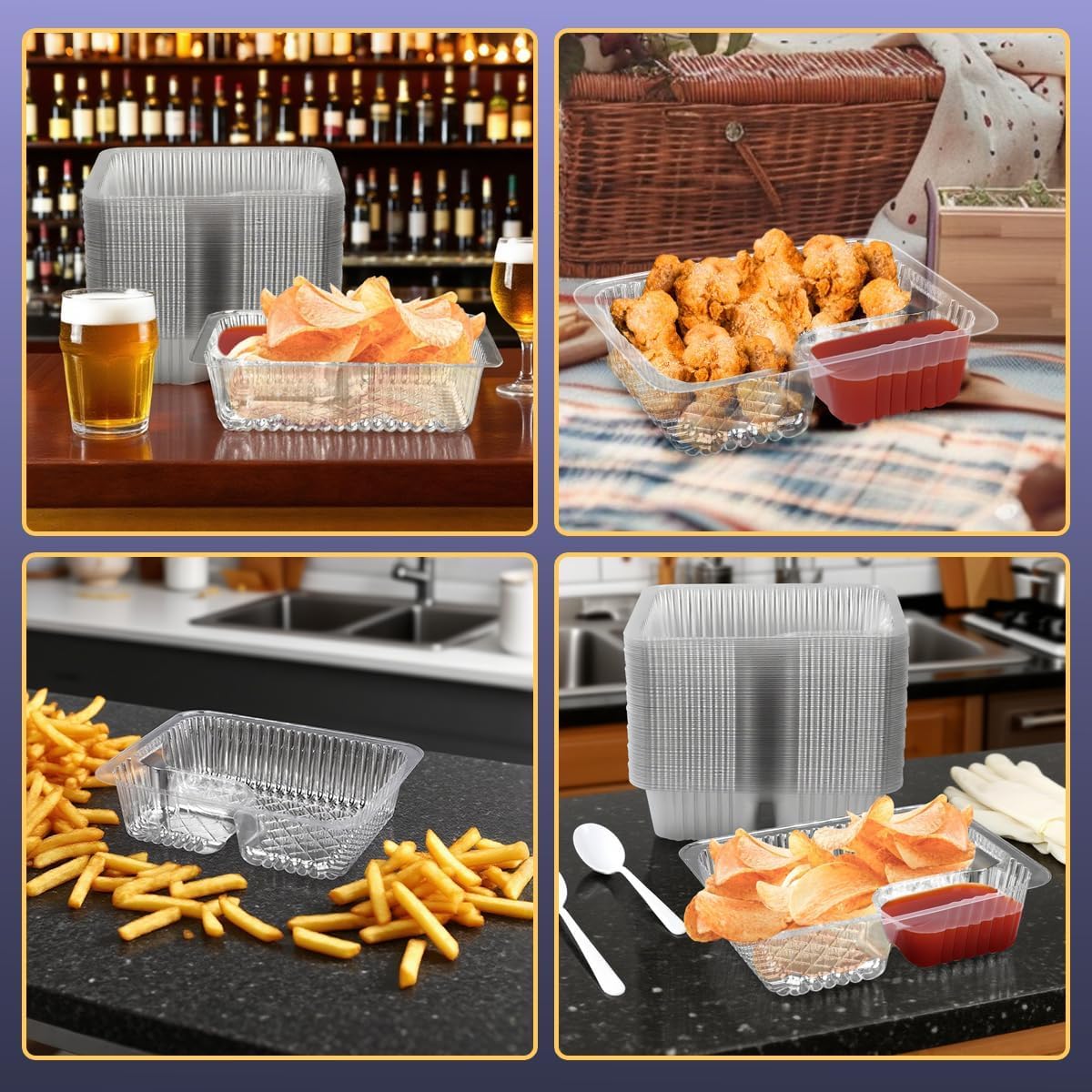 200 Pcs 12oz 6.5''x5'' Plastic Nacho Trays, Small Disposable Tray for Nachos & Cheese Dip, Clear Nacho Containers for Chip, 2 Compartment Movie Night Snack Trays Great for Snacks, Fair Foods