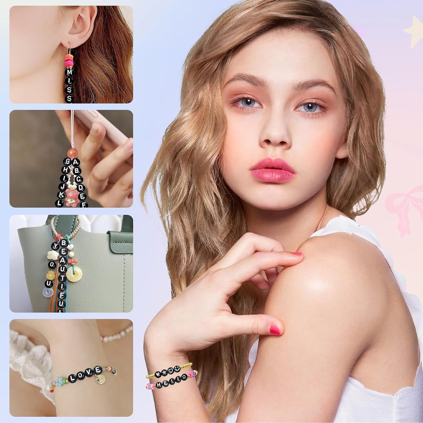 Amaney 1400pcs Glow Letter Beads, Heart Beads Whit Elastic Beading Cord,4x7mm Round Acrylic Alphabet Beads for Friend Bracelet Jewelry Making