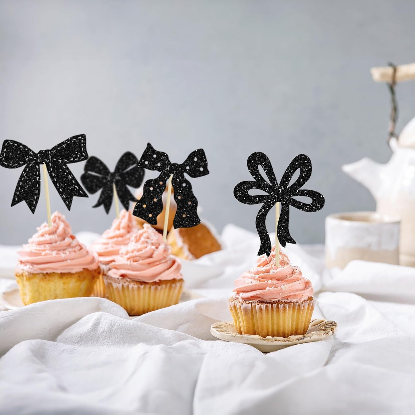 Ephlyn 24Pcs Pink Bow Cupcake Toppers Bow Birthday Cake Topper Girls Birthday Party Decorations Bowknot Cupcake Decorations for Bridal Wedding Themed Party Multi
