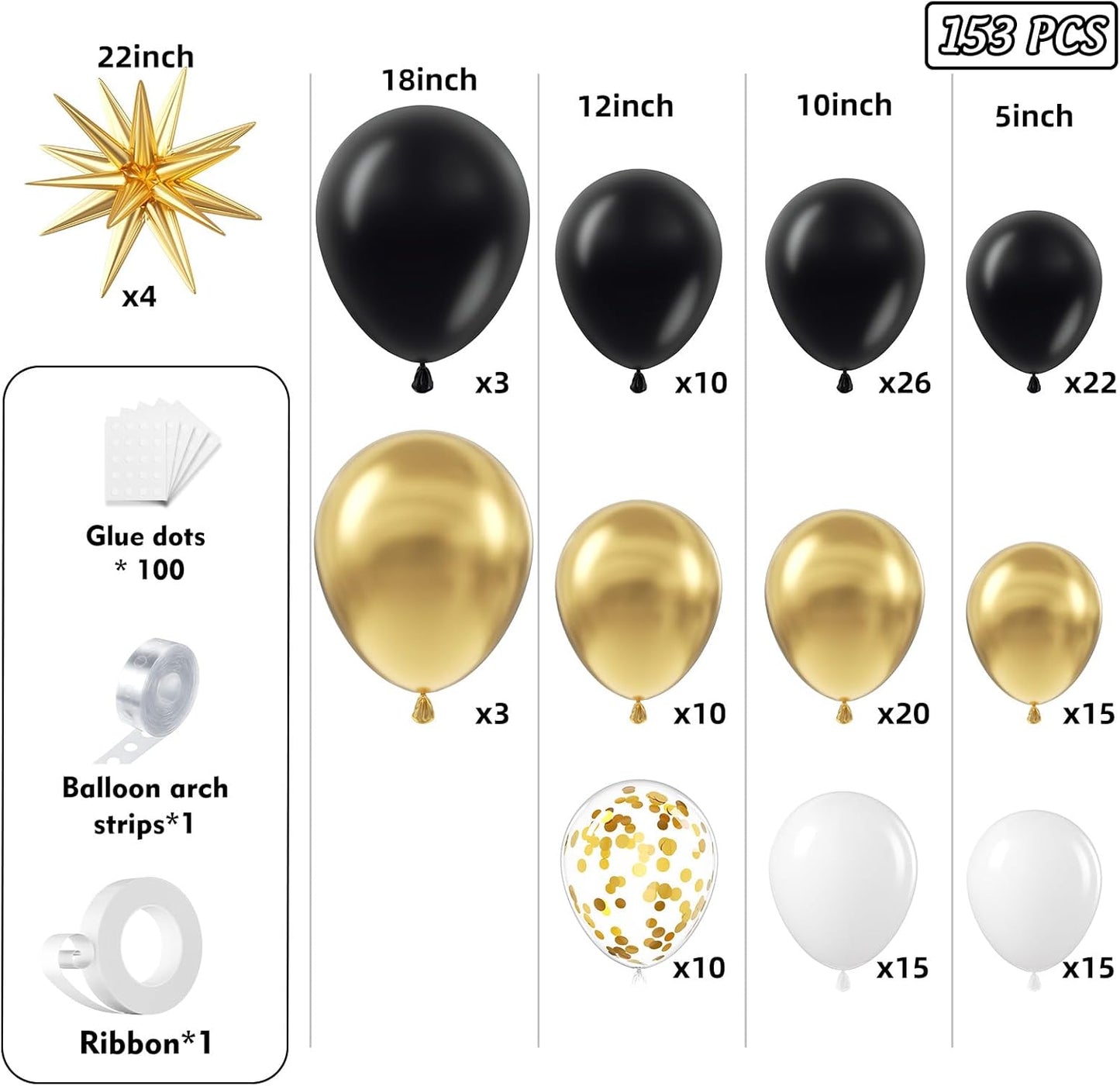 153Pcs Black and Silver Balloons Garland Arch Kit with Stars - 22 18 12 10 5 inch Different Size Black Metallic Silver Confetti Latex Balloon for Birthday Graduation New Year Party Decorations
