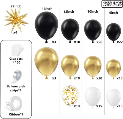 153Pcs Black and Silver Balloons Garland Arch Kit with Stars - 22 18 12 10 5 inch Different Size Black Metallic Silver Confetti Latex Balloon for Birthday Graduation New Year Party Decorations