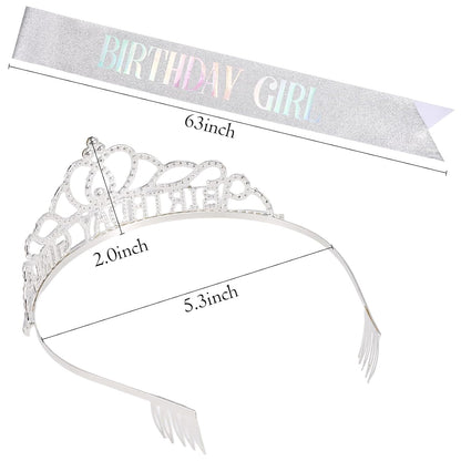 Chanaco Happy Birthday Crown and Sash Kit for Women and Girls - Rhinestone Tiara and Sashes with 'BIRTHDAY GIRL' Sash for Party Favors
