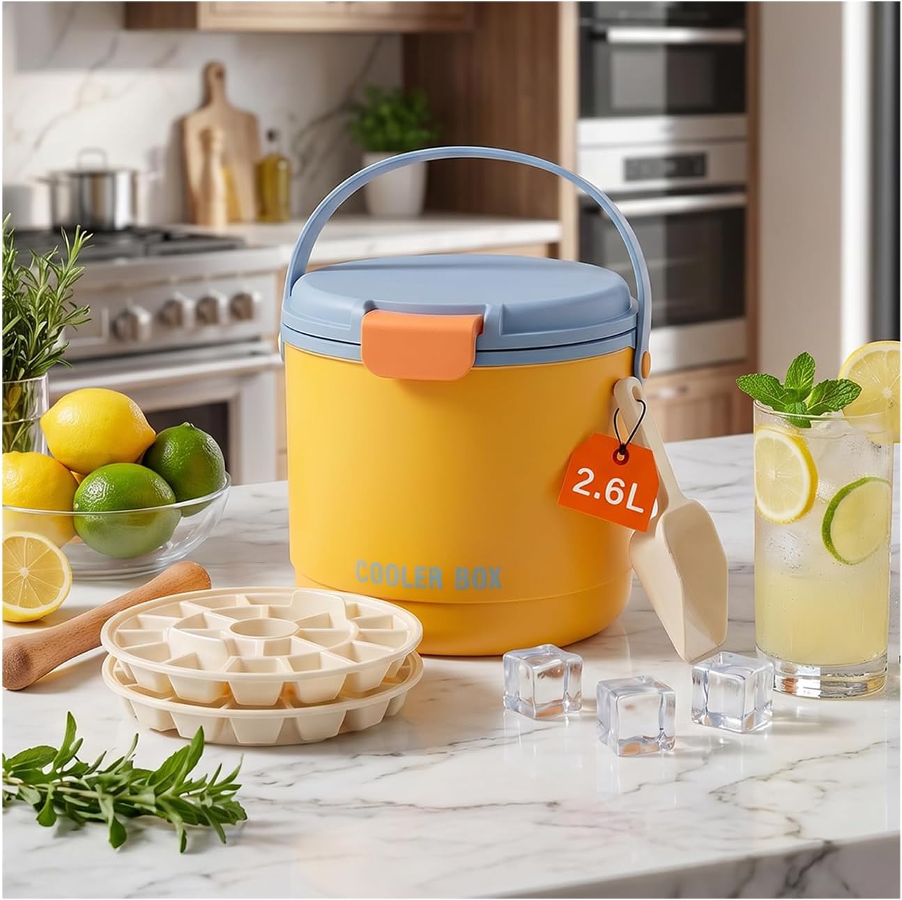 【2-in-1 Ice Bucket】Ice Bucket with Lid and Ice Tray, 40 Ice Cubes Total,Clear Ice Cube Maker with Sealed Lid for Freezer, Kit Includes 2-Piece Silicone Plastic Ice Tray, 1 Ice Scoop