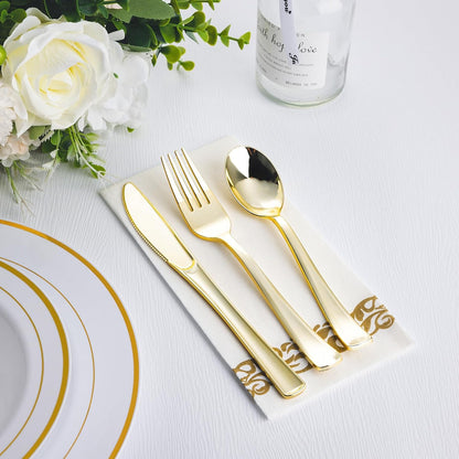 N9R 60PCS Gold Plastic Silverware - Gold Plastic Cutlery Set Disposable Flatware Dinnerware -30 Forks, 15 Spoons, 15 Knives for Party, Thanksgiving, Christmas
