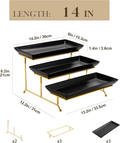 MALACASA 3 Tier Serving Trays for Party, Porcelain Serving Platters and Trays, 12 Inch Tiered Tray Stand, Fruit Tray, Trays for Serving Food, White Dessert Stand with Collapsible Sturdier Metal Rack