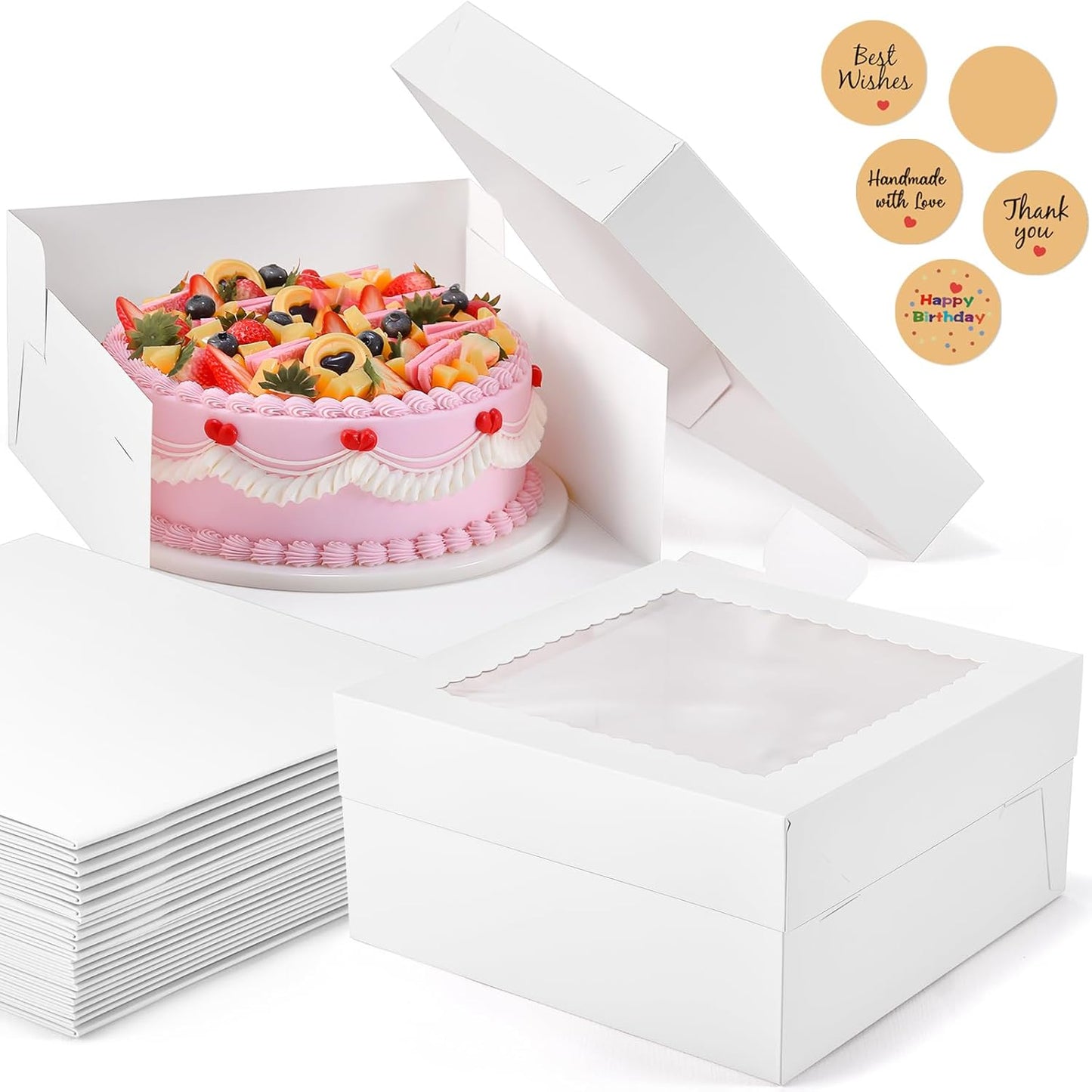 12Pcs 8x8x8 Inches Cake Boxes, Pink Square Bakery Boxes with Window, Disposable Cake Carrier Container for Pastries, Pie, Cookies, Chocolates, Cupcakes, Birthday Party, Wedding