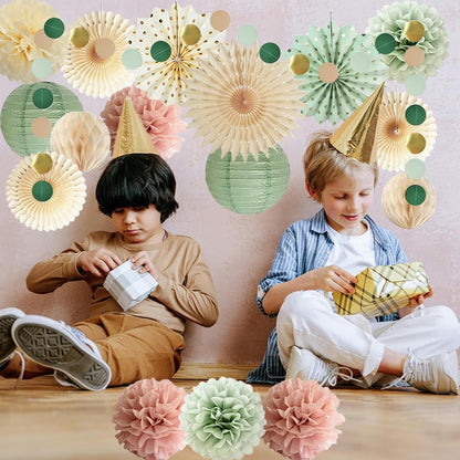 Sage Green and Pink Party Decorations Girl Baby Shower Decor Paper Pom Poms Paper Fans Cicle Dots Garland for Women Girls Pink Sage Green Birthday Baby Shower Bridal Shower Decor