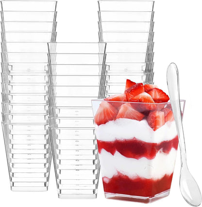 Zezzxu 3 oz Square Mini Dessert Cups with Spoons - 50 Pack Plastic Pudding & Parfait Cups Party Dessert Shooters for Serving Trifle Mousse Cake Appetizers