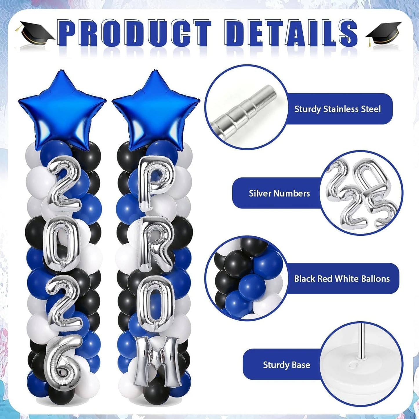 2 Sets Graduation Balloon Column Stand Kits with Balloons 2026 Grad Themed Decoration Navy Blue Balloon Tower Stand Kit for Grad High School & College Celebration Party Decor