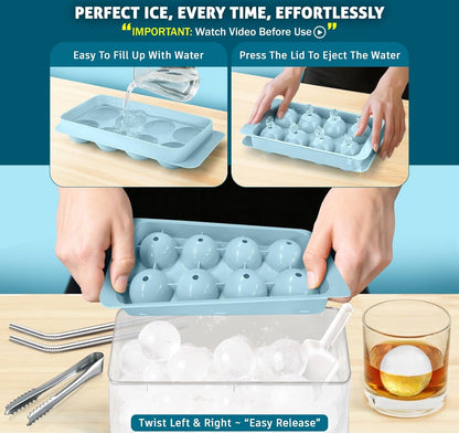 56pcs Ice Cube Tray with Lid and Bin – Stackable 4 Trays Plastic Silicone Freezer Mold, Large Ice Bucket with Scoop, Tong & 2 SS Straws – Easy Release Ice Maker for Cocktail, Coffee, RV, Whiskey