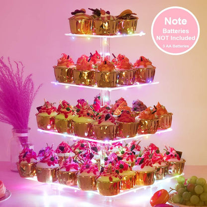 YestBuy Cupcake Stand with Yellow Led Lights, 4 Tier Cupcake Stand for 50 Cupcakes, Acrylic Cupcake Tower Stand, Clear Tiered Cupcake Holder for Birthday Cady Bar Décor Weddings, Parties Events