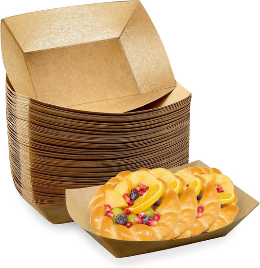 Oomcu 100 Pack 3 lb Heavy Duty Paper Food Trays - Disposable Kraft Brown Paper Boats for Party Snacks, Nachos, Hot Dogs, Tacos & BBQ