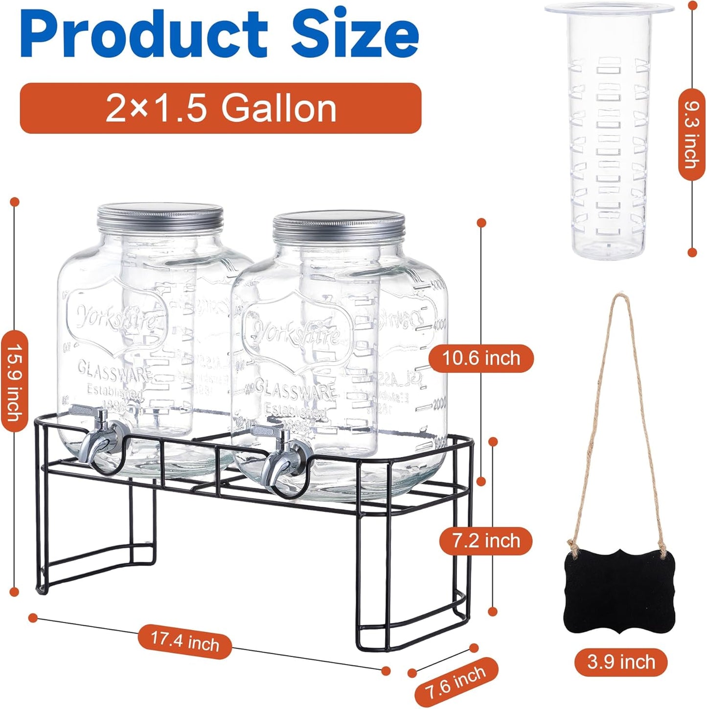 1 Gallon Glass Drink Dispensers for Parties, 2PACK Beverage Dispenser with Stand, Fruit Infuser and Stainless Steel Spigot 100% Leakproof, Beverage Dispenser for Lemonade Sun Tea