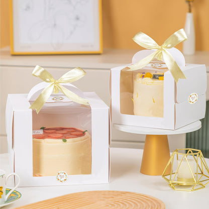 15PCS Brown 6x6x6 Inch Cake Boxes with Window Handle Boxes 6 Inch with Cake Boards for Gift Giving Elegant Paper with Ribbon Stickers for Weddings Birthdays Holidays Corporate Event Party Favors